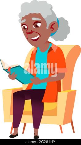 Alte afrikanische Dame sitzt auf dem Sessel und liest interessante Buch Cartoon Vektor Stock Vektor