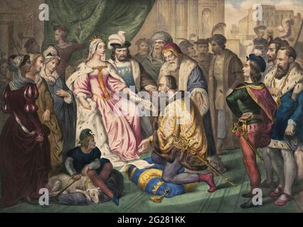 Christoph Kolumbus kniet vor Königin Isabella I. Stockfoto