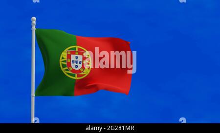 Die Nationalflagge der Portugiesischen Republik, die im Wind winkt. 3d-Rendering, CGI Stockfoto