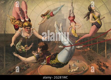 Vintage-Illustratino von weiblichen Akrobaten auf Trapezen im Zirkus. Stockfoto