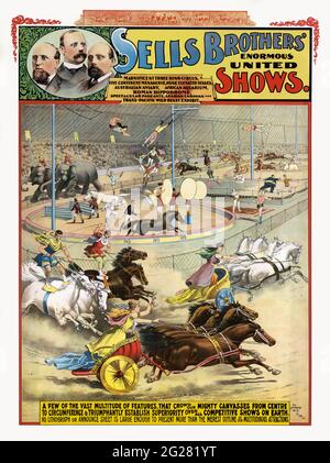 Verkauft Brothers Zirkusposter zeigt das Innere eines Zirkuszeltes mit verschiedenen Zirkusvorstellungen. Stockfoto