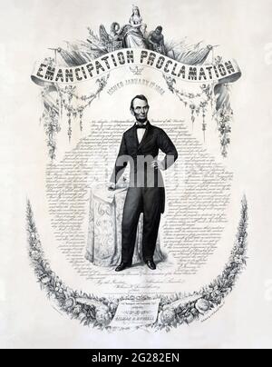 Ein Bild des US-Präsidenten Abraham Lincoln über die Emanzipationsproklamation. Stockfoto