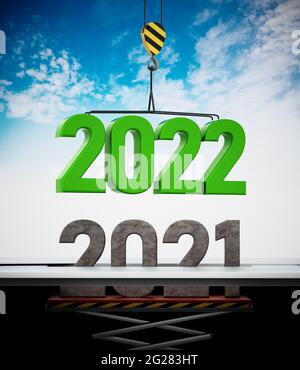 2022 Zahl von Kran getragen ersetzt 2021. 3D-Illustration. Stockfoto