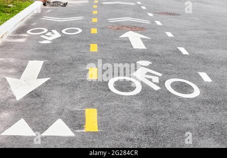 Asphalt-Radweg in New York City, Fokus auf das Fahrrad-Symbol, USA. Stockfoto