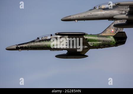 Tschechische Luftwaffe Aero L-159 ALCA Jet in Sonderfarben feiert 20 Jahre Dienst. Stockfoto