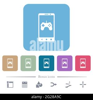 Weiße flache Symbole für mobile Spiele auf abgerundeten quadratischen Hintergründen. 6 Bonus-Symbole enthalten Stock Vektor