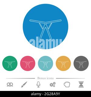 Zusammenklappbarer Wäschetrockner mit flachen weißen Symbolen auf runden farbigen Hintergründen. 6 Bonus-Symbole enthalten. Stock Vektor