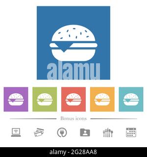 Flache weiße Symbole mit einem Cheeseburger auf quadratischem Hintergrund. 6 Bonus-Symbole enthalten. Stock Vektor