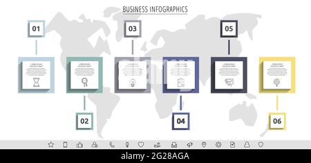 Minimale Infografiken mit sechs quadratischen Elementen oder rechteckigen Rahmen. Moderne Visualisierung des 6-stufigen Geschäftskonzepts. Flaches Infografik-Design Stock Vektor