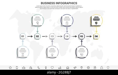 Minimale Infografiken mit sechs quadratischen Elementen oder Kreisen. Moderne Visualisierung von 6 Schritt für Schritt Zeitleiste Konzept. Flache Vorlage für Diagramm, Geschäft Stock Vektor