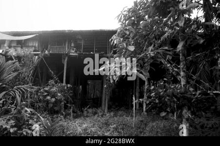 Sungai Uluk Palin, Kapuas Hulu, West Kalimantan, Indonesien. März 2007. Das Langhaus der traditionellen Dayak Tamambaloh-Gemeinschaft. - Fotografiert auf Schwarz-Weiß-Film, gescannt, digitalisiert. Stockfoto