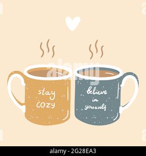 Zwei Hygge Liebe Paar Herzbecher heißen Tee oder Kaffee in gelben und blauen Farben Doodle Vektor handgezeichnete flache Stil Illustration Stock Vektor