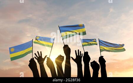 Silhouette aus hochgezogene Waffen, die mit Stolz eine ruandische Flagge schwenken. 3D-Rendering Stockfoto