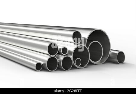 Silberne Rohre isoliert auf weißem Hintergrund. 3D-Rendering. Stockfoto