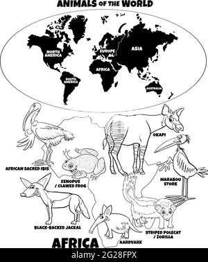 Schwarz-Weiß-Bildungs-Cartoon-Illustration der afrikanischen Tierarten und Weltkarte mit Kontinenten Formen Färbung Buchseite Stock Vektor