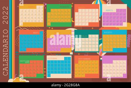 Spanischer Kalender 2022. Mehrfarbiger horizontaler Planer. Flache Trendillustration. Stock Vektor