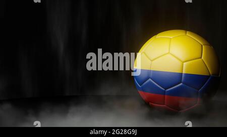 Fußball in Fahnenfarben auf dunklem abstraktem Hintergrund. Kolumbien. 3D-Bild. Stockfoto