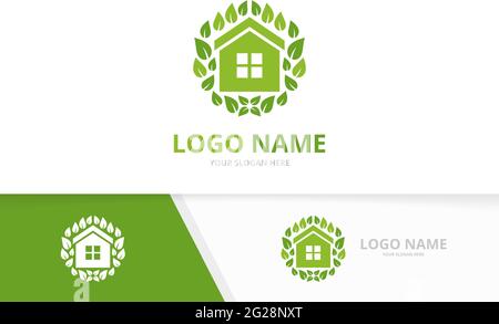 Eco Immobilien und hinterlässt Logo. Design-Vorlage für natürliches Hauslogo. Stock Vektor