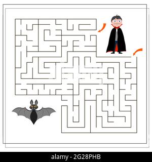 Spiel für Kinder gehen durch das Labyrinth, Dracula und die Fledermaus, Halloween. vektor auf weißem Hintergrund isoliert. Stock Vektor