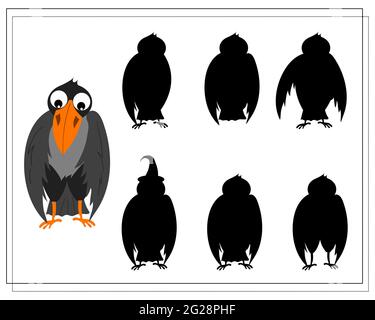 Spiel für Kinder finden Sie die richtige Krähenschatten, Halloween. vektor isoliert auf weißem Hintergrund. Stock Vektor