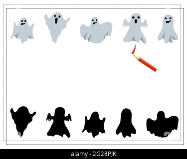 Spiel für Kinder finden Sie den richtigen Schatten zu werfen, Halloween. vektor isoliert auf weißem Hintergrund. Stock Vektor
