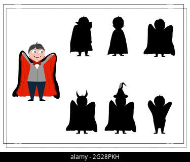 Spiel für Kinder finden Sie die richtige dracula Schatten, Halloween. vektor isoliert auf weißem Hintergrund. Stock Vektor