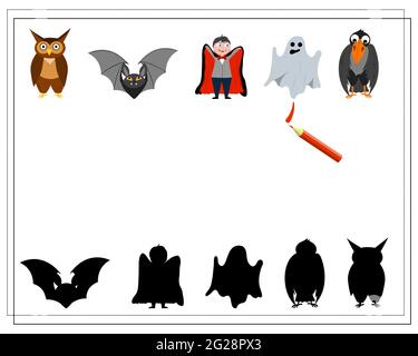Spiel für Kinder finden Sie den richtigen Schatten, Halloween. vektor isoliert auf weißem Hintergrund. Stock Vektor