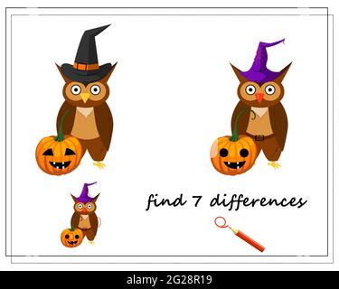 Spiel für Kinder finden den Unterschied, Cartoon Eule in einem Hut, Kürbis, Halloween. vektor auf weißem Hintergrund isoliert Stock Vektor