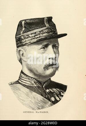 General MacMahon Marie Edme Patrice Maurice de MacMahon, marquis de MacMahon, duc de Magenta (13. Juni 1808 – 17. Oktober 1893) war ein französischer General und Politiker, mit der Auszeichnung des Marschalls von Frankreich. Er diente als Staatschef von Frankreich von 1873 bis 1875 und als Präsident von Frankreich, von 1875 bis 1879. Aus dem Buch Sehenswürdigkeiten und Sensationen in Europa : Skizzen von Reisen und Abenteuer in England, Irland, Frankreich, Spanien, Portugal, Deutschland, Schweiz, Italien, Österreich, Polen, Ungarn, Holland und Belgien: Mit einem Bericht über die Orte und Personen, die im deutsch-französischen Krieg von Browne prominent waren Stockfoto