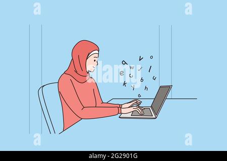 Autor von Inhalten und Arbeiten mit Medienkonzepts. Junge arabische moderne Frau Zeichentrickfigur in Nationalkostüm sitzen und arbeiten am Laptop mit Media Creation und Online-Freelance Artikel schreiben Stock Vektor