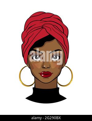 Schöne schwarze Frau. Cartoon afro amerikanische Mädchen trägt roten Kopf Wrap und runde Ohrringe. Mode Illustration auf weißem Hintergrund. Stockfoto