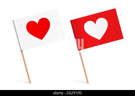 Rote und weiße Papierfahnen mit Herz-Ikonen, die auf einer Oberfläche geklebt sind. Vektor-Illustration für romantische Flaggen. Stock Vektor
