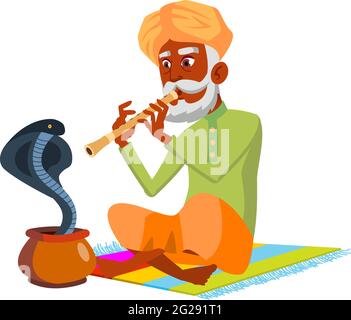 Snake Charmer alter Mann spielt auf Flöte Cartoon Vektor Stock Vektor