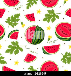 Wassermelone Vektor Nahtloses Muster. Wassermelone, ganz, geschnitten, Hälften, Scheiben und Blätter für Stoff, Tischdecke, Küchentextilien, für Kleidung, Geschenkpapier. Stock Vektor