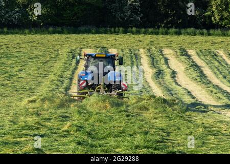 Ein Landwirt Silage Tedding auf einem Bauernhof in Yorkshire, England. Stockfoto