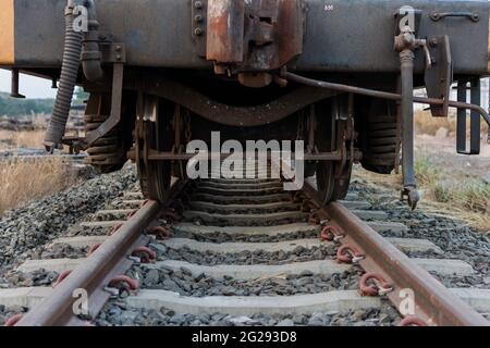 Industrielle Schiene Auto Räder Nahaufnahme Foto, Zug Rad Stockfoto