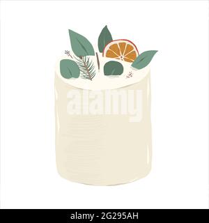 Duftende Soja-Kerze, aromatische natürliche Wachs Kerze mit Pflanzenblättern getrocknete Zitrusfrüchte und Kiefer Zweig, Home Aromatherapie, realistisch detailliert dekoriert Stock Vektor