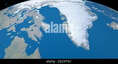 Baffin Meer im Planeten Erde, Luftaufnahme aus dem Weltraum. 3d-Rendering Stockfoto