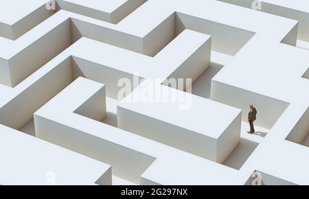 Geschäftsmann läuft in einem Labyrinth. Challenge-Konzept. 3d-Rendering von Bildern und Modellen. Stockfoto