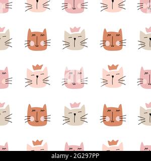 Katzenvektor Nahtloses Muster mit handgemalten Katzengesichtern. Skandinavische Druckillustration für Kinder. Design-Vorlage für Tapete, Baby Stock Vektor