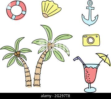 Muschel, Anker, Palmen und Kamera für Strandreisen im Sommer-Design. Handgezeichnete Designelemente. Vektorgrafik. Sommerferien Stock Vektor
