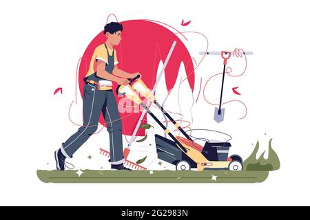 Männlicher Gärtner mäht Gras mit Rasenmäher Stock Vektor
