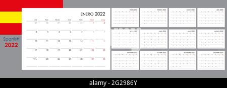 Kalender für 2022 Jahr. Ein Organisator und Planer für jeden Tag. Die Woche beginnt ab Montag. 12 Boards, Monate eingestellt. Wandlayout. Vorlage löschen. Spanisch. Stock Vektor