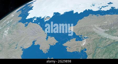 Tschuktschen Meer im Planeten Erde, Luftaufnahme aus dem Weltraum. 3d-Rendering Stockfoto