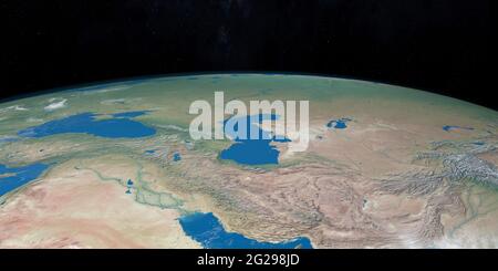 Kaspisches Meer auf dem Planeten Erde, Luftaufnahme aus dem Weltraum Stockfoto