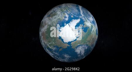 Nordpol und Eisartik-Ozean auf dem Planeten Erde, Blick aus dem Weltraum Stockfoto