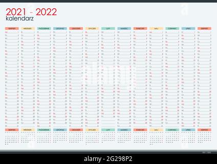 2021 - 2022 Halbjahreswandplaner in polnischer Sprache. Studienjahr. Perfekt für zu Hause Schulungsplan, Zeitplan. Organisator, Vorlage für Jahresplaner. Stock Vektor