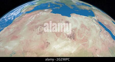 Sahara-Wüste auf dem Planeten Erde, Luftaufnahme aus dem Weltraum Stockfoto