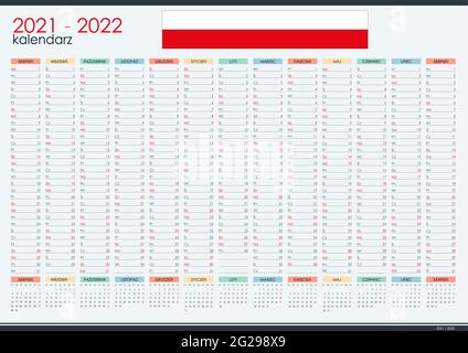 2021 - 2022 Halbjahreswandplaner in polnischer Sprache. Studienjahr. Perfekt für zu Hause Schulungsplan, Zeitplan. Organisator, Vorlage für Jahresplaner. Stock Vektor