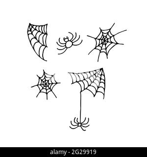 Doodle Spinnennetz und Spinne Set. Handgezeichnetes schwarzes Spinnennetz isoliert auf weißem Hintergrund. Gruseliges niedliches Schild. Umriss Vektordarstellung für Herbst Design, h Stock Vektor